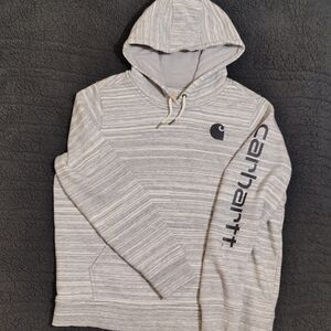 Carhartt Light Gray Striped Pullover Hoodie with Sleeve Logo